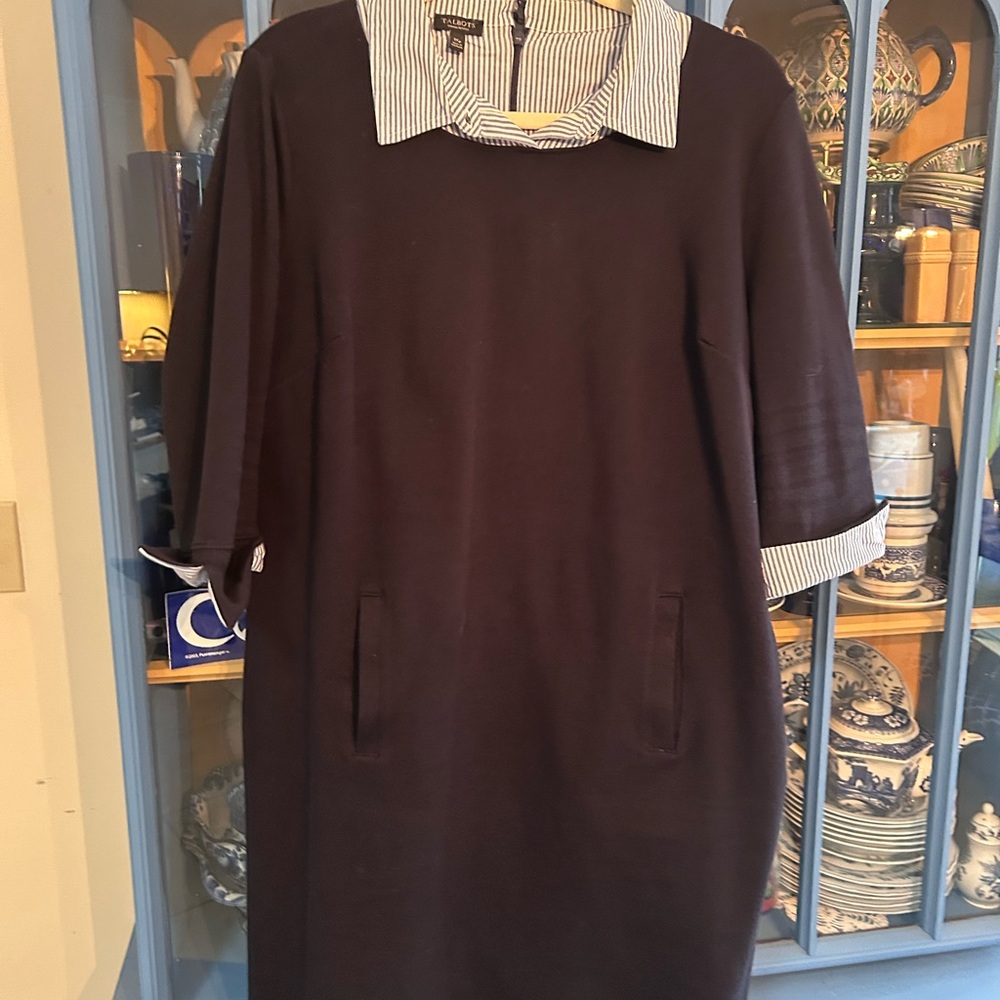 Talbots White and Blue Sheath Dress with Peter Pan Collar